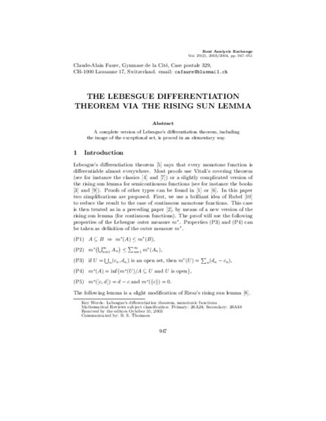 (PDF) The Lebesgue Differentiation Theorem via the Rising Sun Lemma | Claude-Alain Faure ...