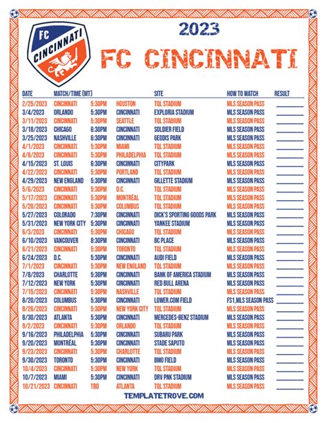 Printable2023 FC Cincinnati Soccer Schedule