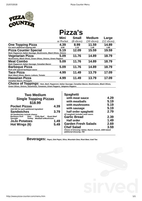 Pizza Counter menu in Council Bluffs, Iowa, USA