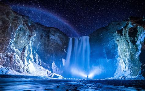 Download wallpapers Skogafoss, 4k, winter, Icelandic landmarks, night, starry sky, Iceland ...