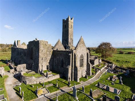 World famous irish public free tourist landmark, quin abbey, county clare, ireland. aerial ...