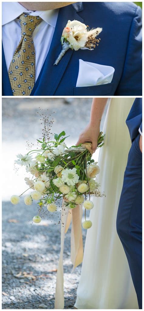 Wildflower inspired bridal bouquet, soft yellow wedding flowers, yellow boutonniere and navy ...