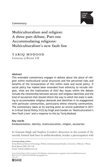 (PDF) Multiculturalism and religion: A three part debate. Part one Accommodating religions ...