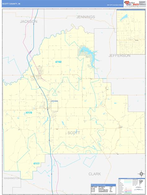 Scott County, IN Zip Code Wall Map Basic Style by MarketMAPS