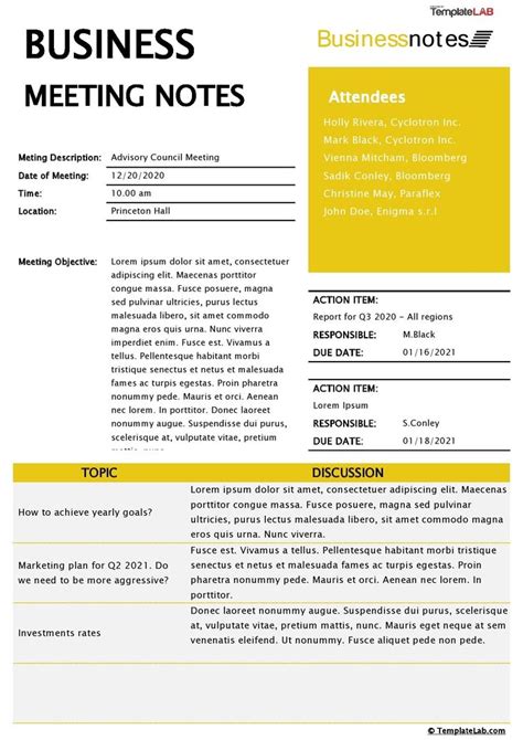 Download Business Meeting Notes Template - TemplateLab.com | Meeting notes template, Business ...