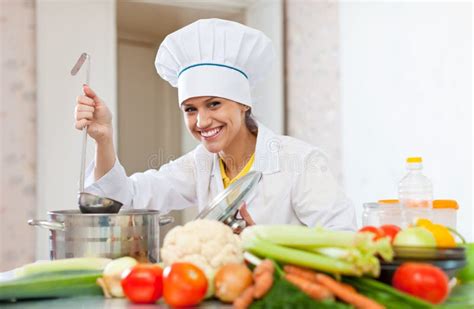 Happy Cook in White Uniform with Ladle Stock Image - Image of healthy ...