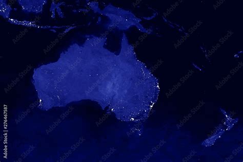 Australia and New Zealand lights map at night. View from outer space ...