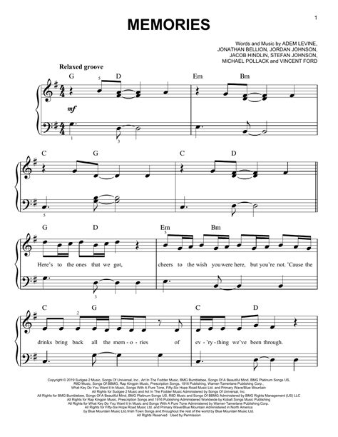 Memories par Maroon 5 Partitions pour Piano Facile sur Sheet Music Direct