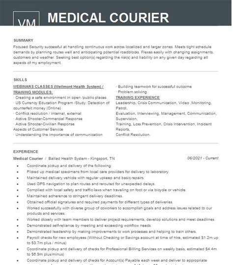 Medical Courier Resume Example