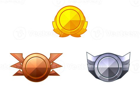 Set of game rank icons isolated. Bronze, silver and gold game badges buttons in circle frame ...