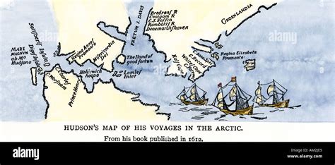 Map of Henry Hudson voyages in the Arctic published in 1612. Hand ...