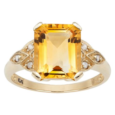 Designer Diamonds - 10k Yellow Gold Vintage Style Genuine Emerald-cut Citrine and Diamond Ring ...