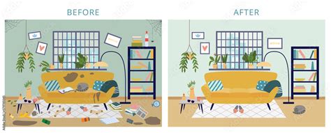 Dirty and clean room before and after cleaning flat cartoon vector illustration. Stock Vector ...