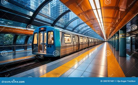 Sleek And Futuristic Modern Subway Train In Motion Speeding Through A Bustling Urban Metropolis ...