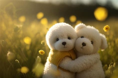 Premium AI Image | Two teddy bears hugging in a field of flowers