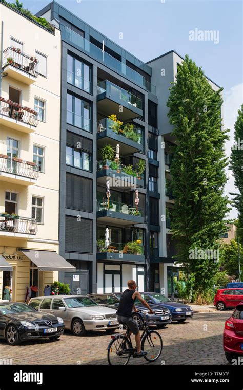 Exterior of luxury modern apartment building in gentrified district of Prenzlauer Berg in Berlin ...