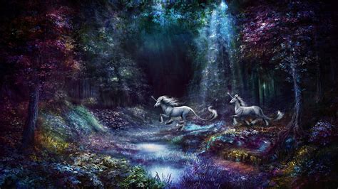 Download Sunbeam Forest Fantasy Unicorn HD Wallpaper