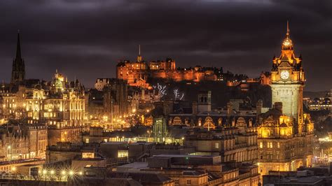 Wallpaper Edinburgh Scotland Clock castle Night Street 1920x1080