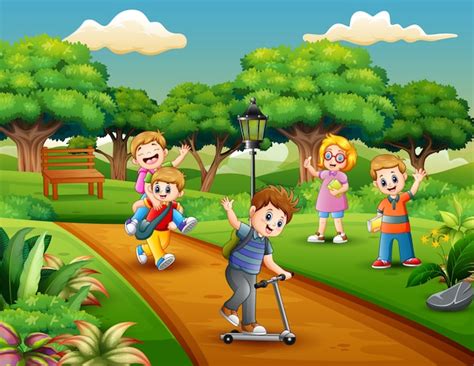 Grupo de dibujos animados de niños jugando en el parque | Vector Premium