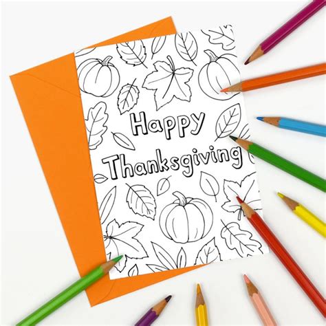 Happy Thanksgiving Printable Colour in Card Fall Leaves - Etsy