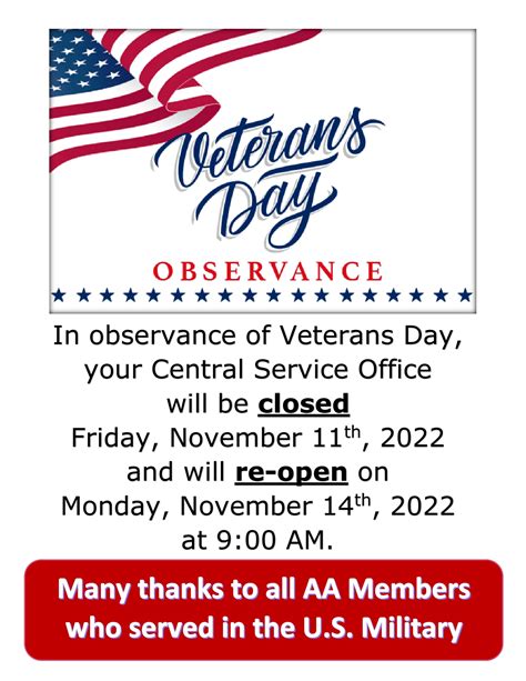 CSO Office Closed for Veterans Day – Central Service Office AA Maine