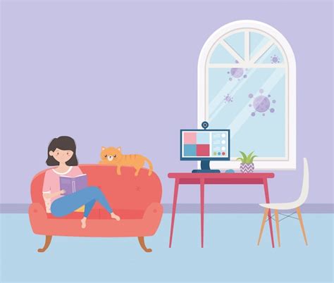 Quedarse en casa, niña leyendo un libro en el sofá con dibujos animados de gatos | Vector Premium