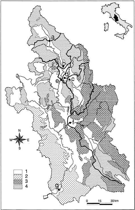 Tiber River Basin lithological map with the location of 7 water... | Download Scientific Diagram