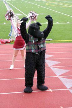 two cheerleaders dressed in costumes standing on a track