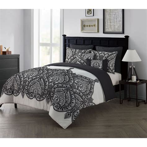 Full Queen King Size Bed Black White Flocked Paisley 7 pc Comforter Set ...