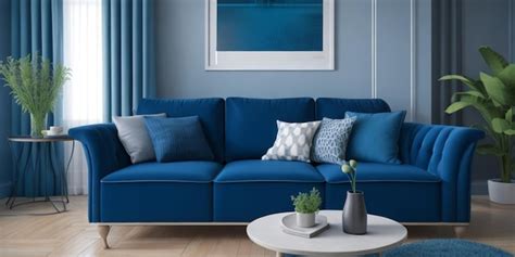 Premium AI Image | Blue sofa with a white and blue throw pillows