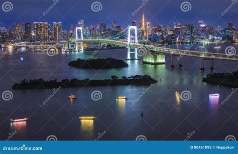 Panorama of Rainbow Bridge at Night, Tokyo, Japan Stock Photo - Image ...