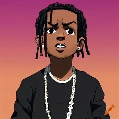 Illustration of asap rocky in black shirt with boondocks style on Craiyon