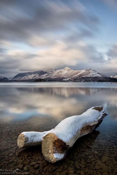 Winter Reflections of Catbells - Driftwood on the shores of Derwent Water looking towards ...