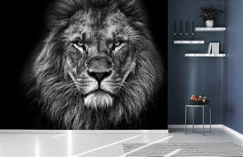 Black and White Wallpaper With a Lion's Head Self-adhesive, Removable, Peel & Stick Wall Mural ...