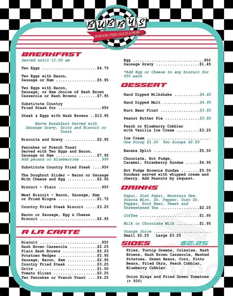 Bubby's Diner menus in Huntsville, Alabama, United States