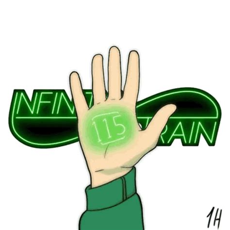 a hand with the number fifteen on it is in front of a green neon sign