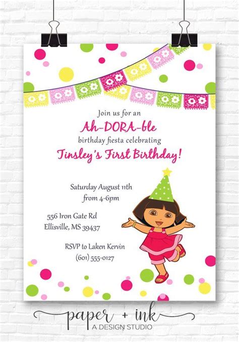 Dora birthday invitation Paper And Ink, Dora, Birthday Invitations, Rsvp, Snoopy, Unique Jewelry ...