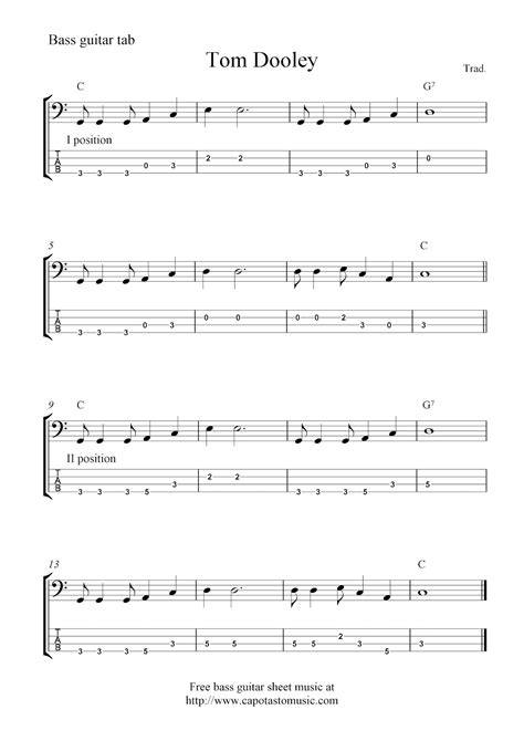 Easy Sheet Music For Beginners: Free bass guitar tab, Tom Dooley