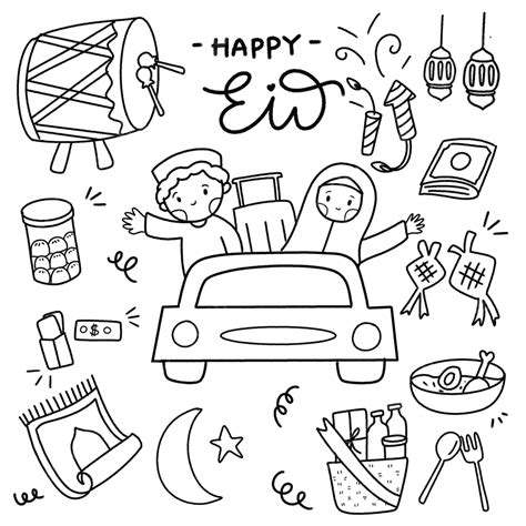 Eid Line Art Black And White Doddle, Line Art, Eid, Black And White PNG Transparent Clipart ...