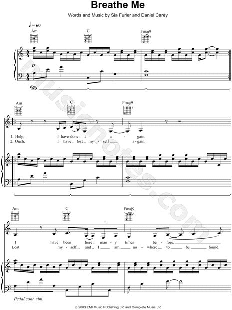 Print and download Breathe Me sheet music by Sia. Sheet music arranged for Piano/Vocal/Guitar ...