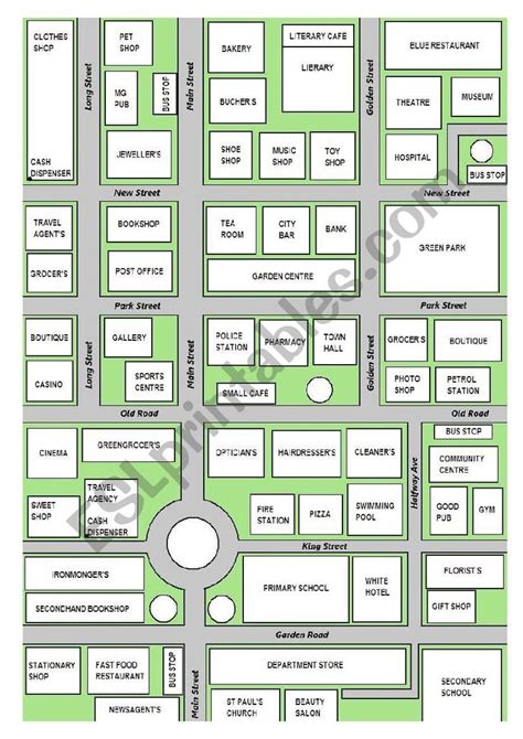 My Town - a map of an imaginary town - ESL worksheet by Akari in 2021 | Town map, Map, Grammar ...