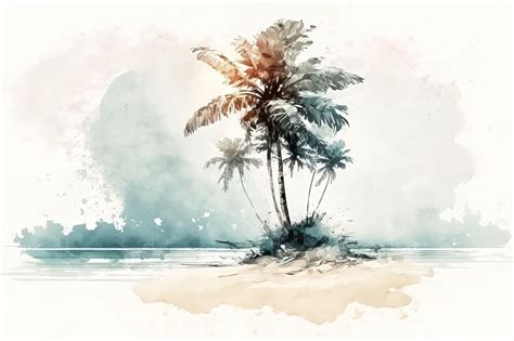 Premium Photo | A watercolor painting of a palm tree on a beach.