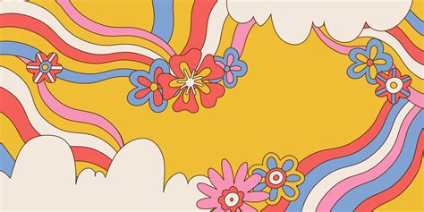 Retro groovy background with clouds. flowers and wavy rainbows. Bright colors, vintage cute ...