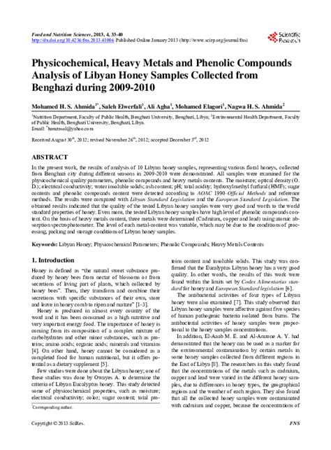 (PDF) Physicochemical, Heavy Metals and Phenolic Compounds Analysis of Libyan Honey Samples ...