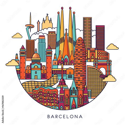 Barcelona skyline detailed silhouette. Vector line illustration Stock ...