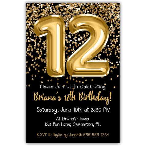 12th Birthday Invitation Gold Balloons Glitter on Black Birthday Party Invite for a 12 Year Old