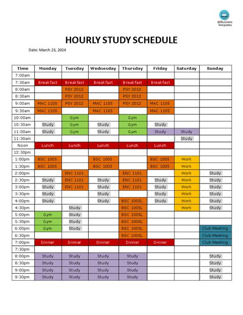 Study Timetable Template Excel