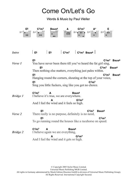 Come On/Let's Go Sheet Music | Paul Weller | Guitar Chords/Lyrics