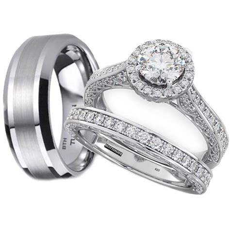 His and Hers Tungsten /925 Sterling Silver Wedding Engagement Ring Set