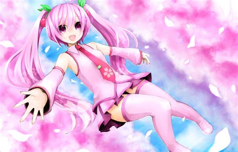 hatsune miku long hair petals pink eyes pink hair sakura miku thighhighs tie twintails vocaloid ...